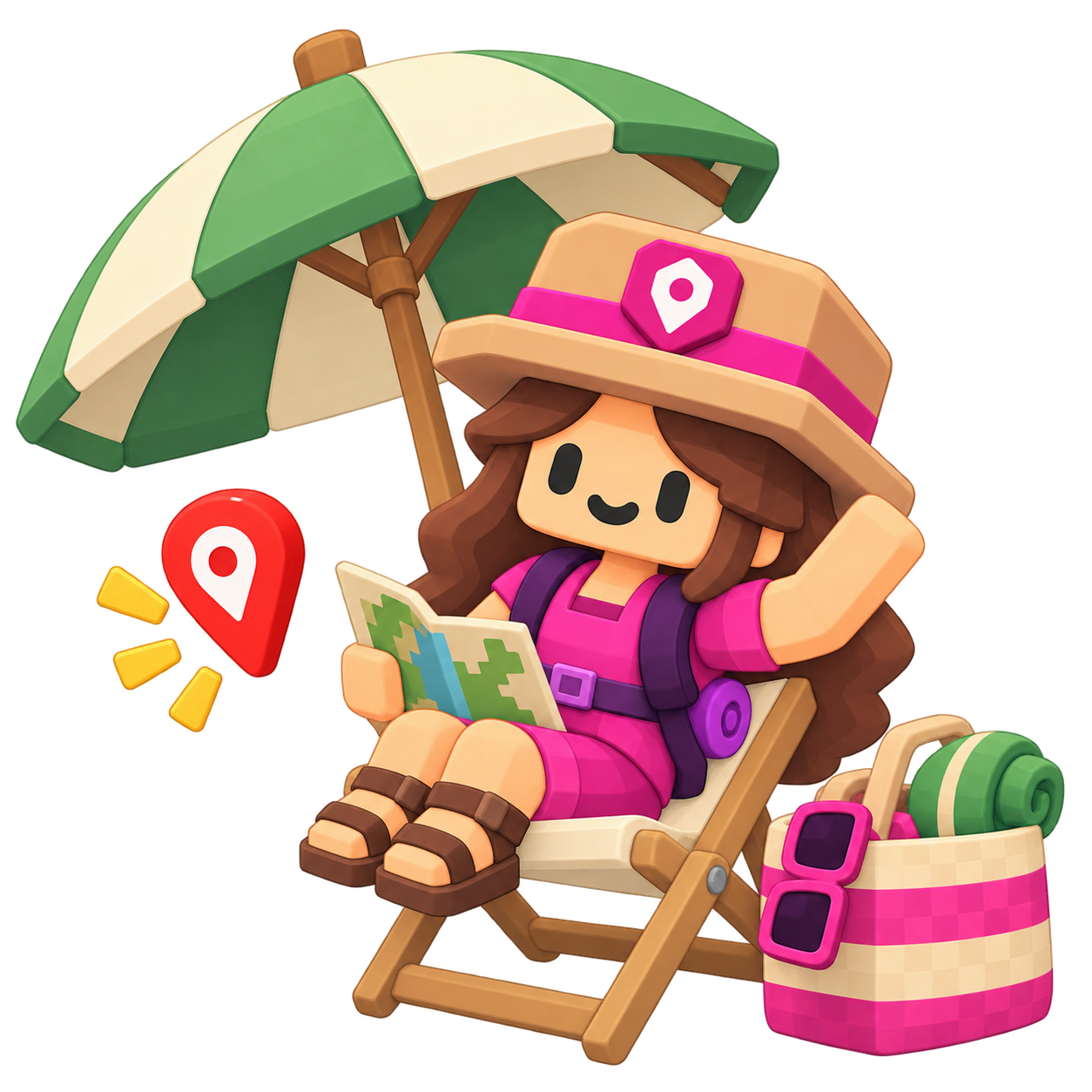 Explorer relaxing under a beach umbrella with her travel map