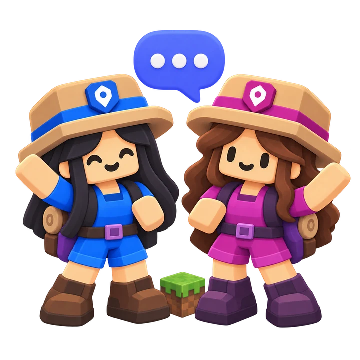 Two RealWorldMC explorers waving beneath a chat bubble